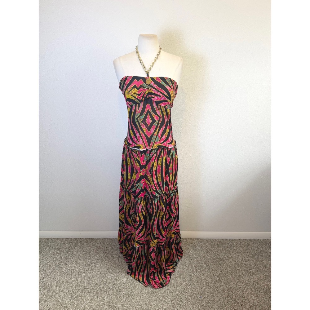 Vtg Y2K Apple Bottoms Tiered Halter Maxi Dress Womens Medium Cheetah Striped
